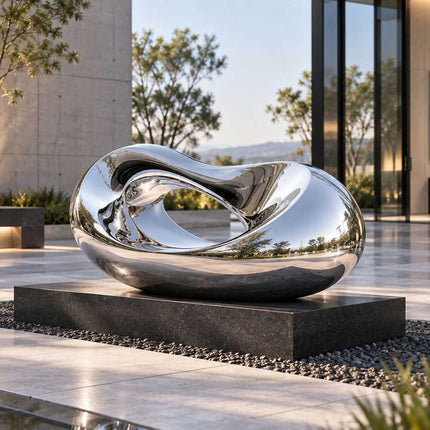 Flowing mirror polished stainless steel sculpture in a contemporary courtyard