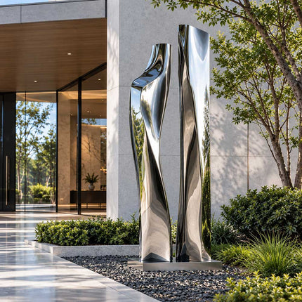 Mirror polished stainless steel sculpture with twin vertical forms at a modern entrance