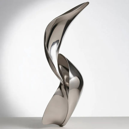 Mirror polished stainless steel sculpture with intertwined flowing forms