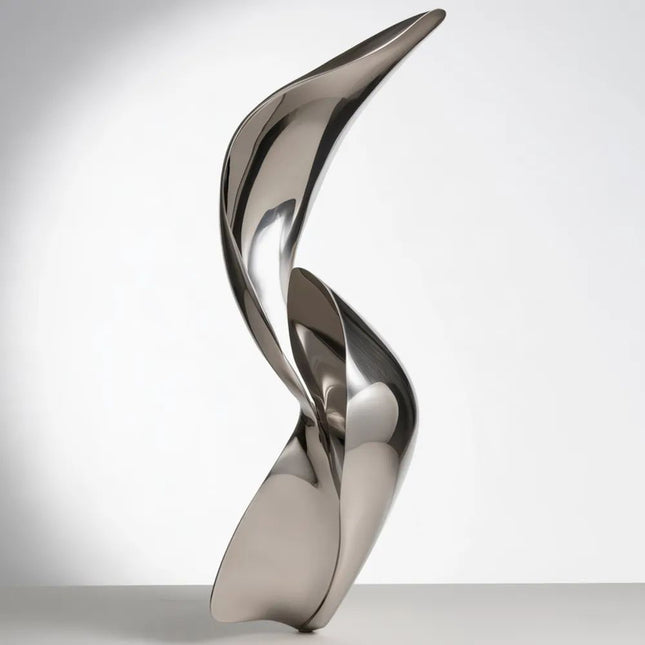 Mirror polished stainless steel sculpture with intertwined flowing forms