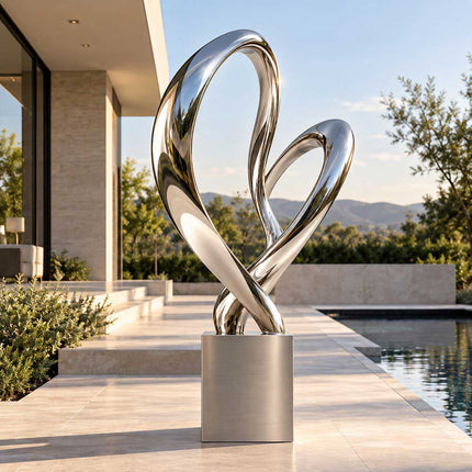 Mirror-polished stainless steel sculpture displayed in a modern residential courtyard