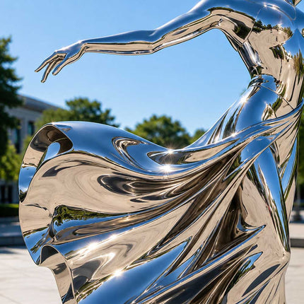 Close-up detail of reflective stainless steel surface on a contemporary figurative sculpture