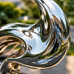 Detail view of mirror polished stainless steel surface reflecting surrounding landscape