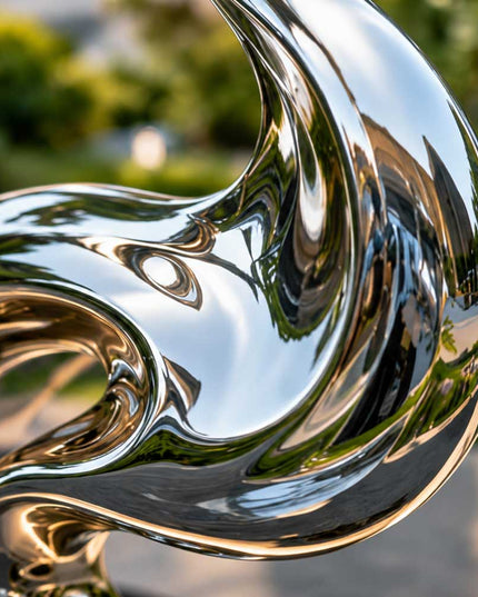 Detail view of mirror polished stainless steel surface reflecting surrounding landscape