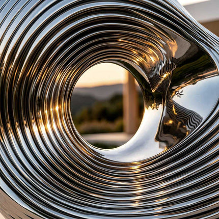 Mirror polished stainless steel sculpture surface detail with reflective curves
