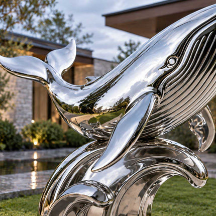 Close-up of the mirror-polished whale, detailed throat grooves, pectoral fin, and sculpted waves