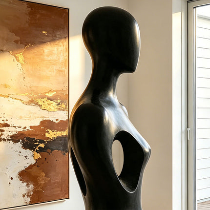 Modern abstract stainless steel figure sculpture with black finish for luxury contemporary interiors