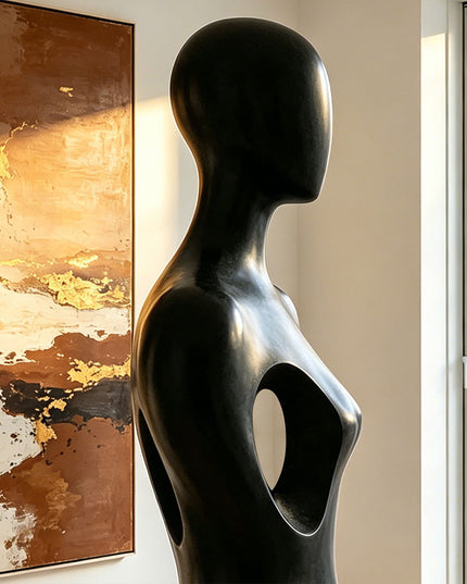 Modern abstract stainless steel figure sculpture with black finish for luxury contemporary interiors