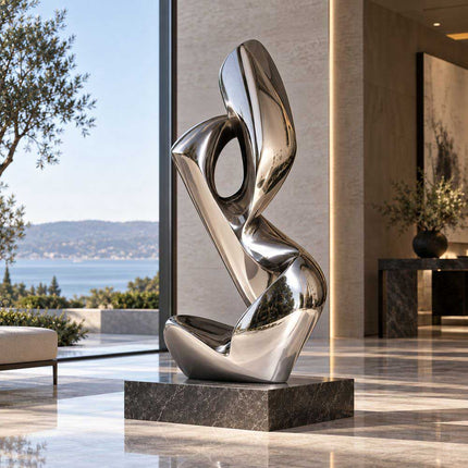 Mirror polished stainless steel abstract sculpture displayed in a modern interior