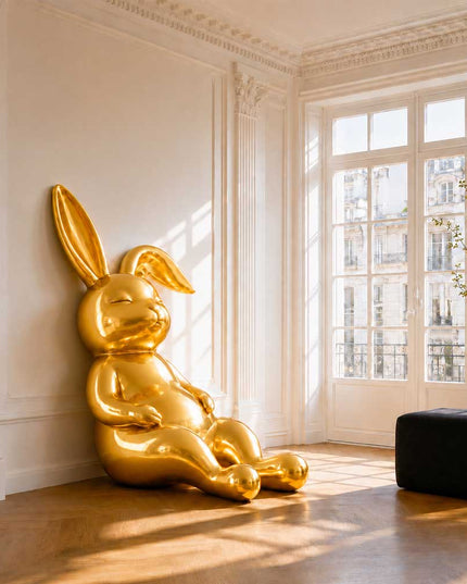 Contemporary rabbit animal sculpture placed in an elegant architectural interior