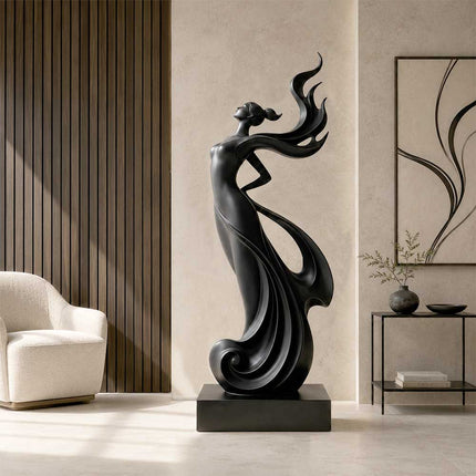 Contemporary black metal sculpture installed in an elegant architectural interior space