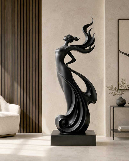 Contemporary black metal sculpture installed in an elegant architectural interior space
