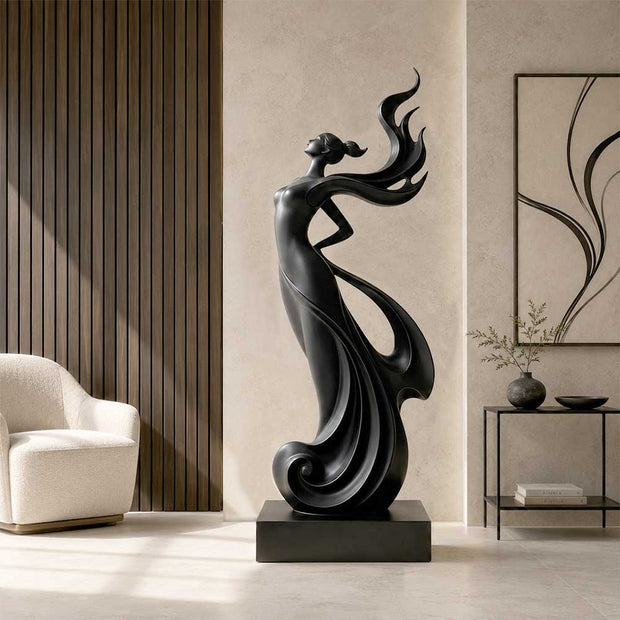 Contemporary black metal sculpture installed in an elegant architectural interior space
