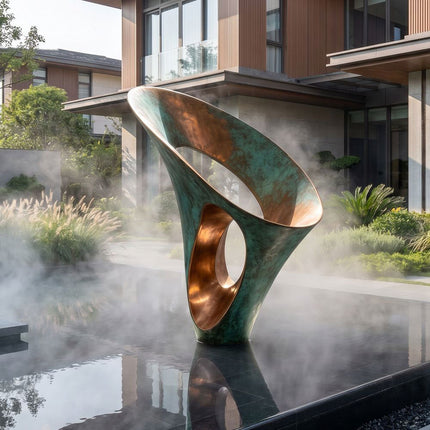 Modern abstract bronze sculpture placed in a landscaped garden space