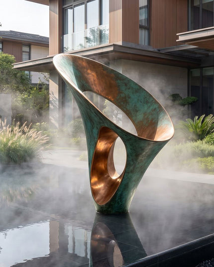 Modern abstract bronze sculpture placed in a landscaped garden space
