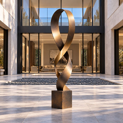 Modern bronze courtyard sculpture with an elongated ribbon loop and square base in front of a contemporary residence