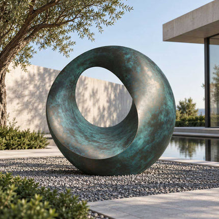 Modern abstract bronze sculpture with green patina in a landscaped courtyard