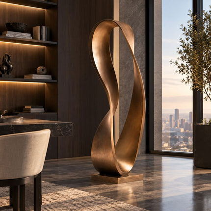 Modern bronze ribbon sculpture with an open looping form in a contemporary interior