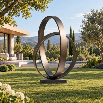 Modern bronze sculpture with interlocking circular forms on an open lawn