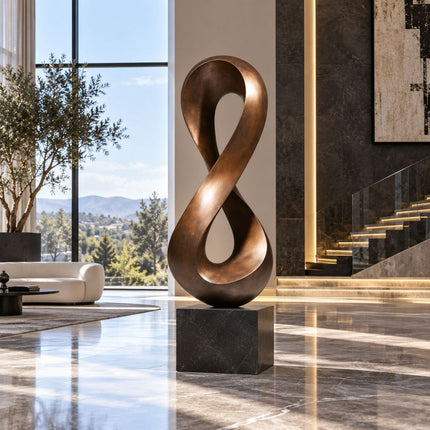 Modern bronze sculpture with flowing curves in a contemporary interior
