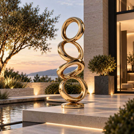 Modern circular stainless steel sculpture with a gold mirror finish in an outdoor setting