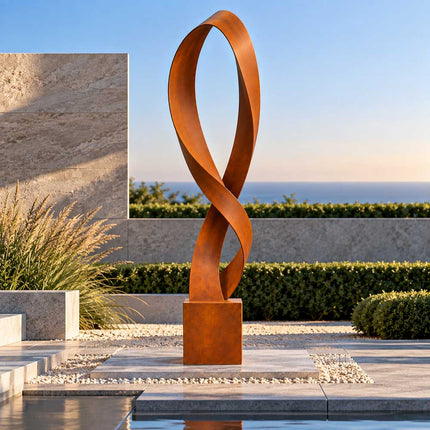 Modern Corten steel sculpture displayed in a contemporary coastal courtyard