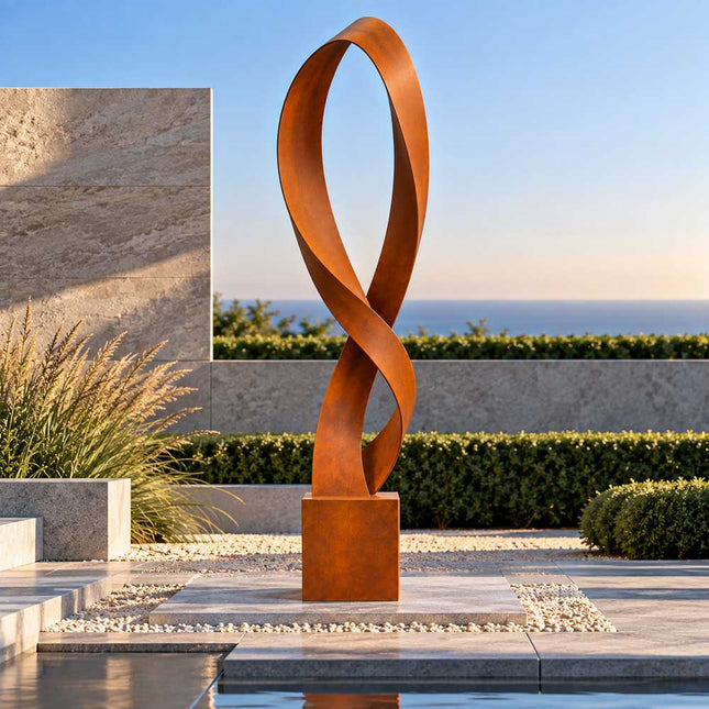 Modern Corten steel sculpture displayed in a contemporary coastal courtyard