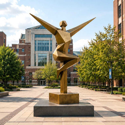 Modern geometric figure sculpture displayed in an architectural outdoor plaza