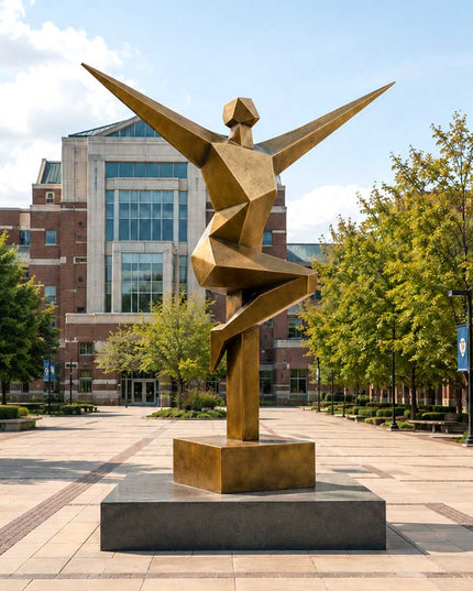 Modern geometric figure sculpture displayed in an architectural outdoor plaza