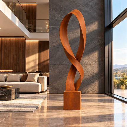 Modern metal sculpture with a weathered steel finish in a contemporary residential interior