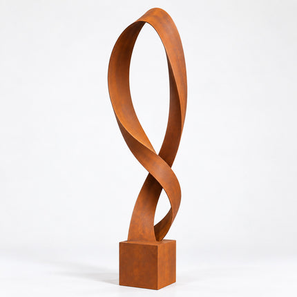 Modern metal sculpture with a continuous loop form and weathered Corten steel finish