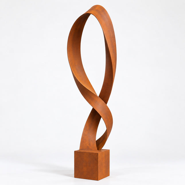 Modern metal sculpture with a continuous loop form and weathered Corten steel finish