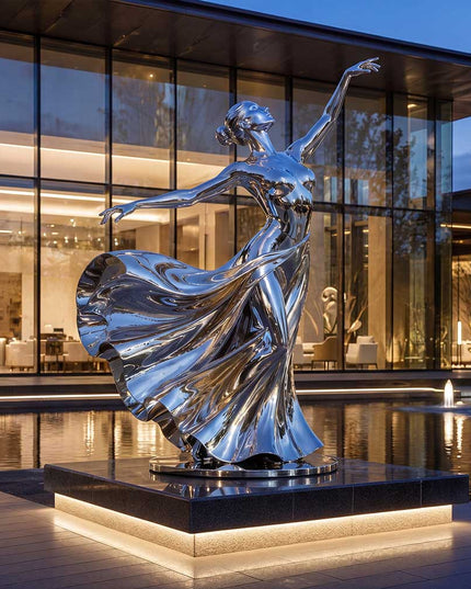 Mirror polished stainless steel sculpture displayed beside modern architecture and water features
