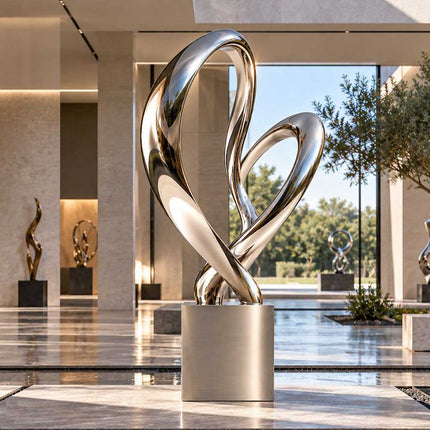 Modern stainless steel loop sculpture displayed in a spacious contemporary interior