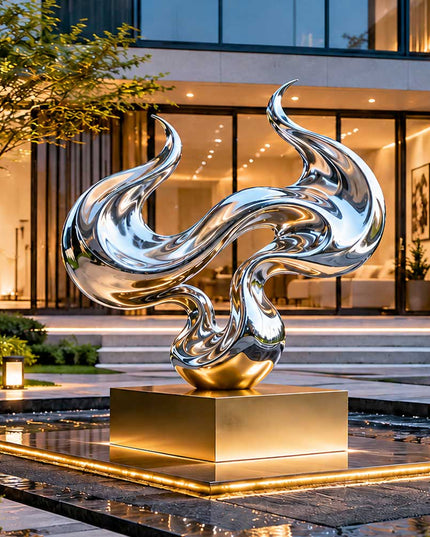 Abstract stainless steel garden sculpture displayed in a luxury residential outdoor landscape