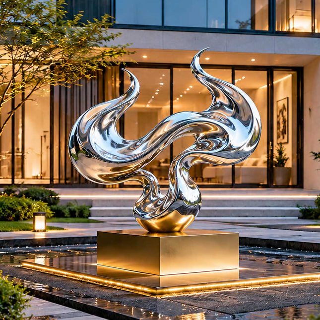 Abstract stainless steel garden sculpture displayed in a luxury residential outdoor landscape