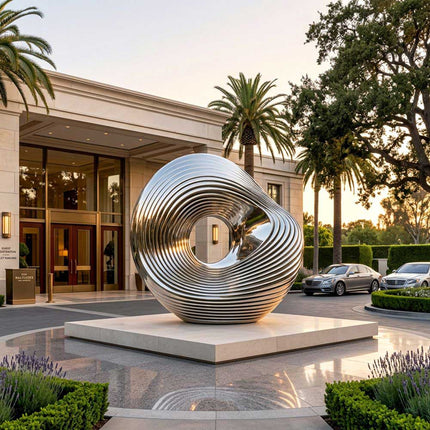 Modern stainless steel sculpture installed in an architectural outdoor landscape