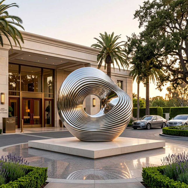 Modern stainless steel sculpture installed in an architectural outdoor landscape