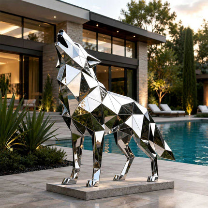 Modern stainless steel wolf sculpture installed beside a contemporary outdoor space