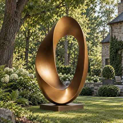 Organic bronze loop sculpture with sweeping curved surfaces displayed in a landscaped private garden.