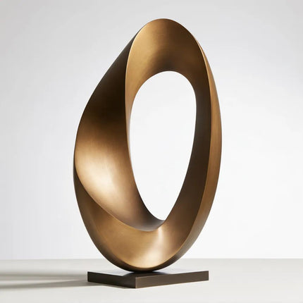 Abstract bronze loop sculpture with an asymmetrical open center, flowing curves, and a rectangular base.