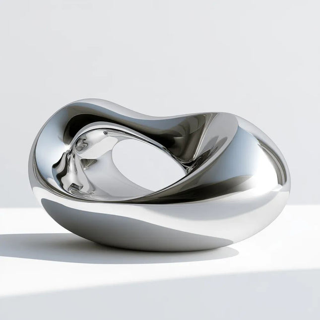 Mirror polished organic stainless steel sculpture with a broad central opening