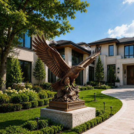 Outdoor bronze eagle sculpture placed in a modern architectural landscape
