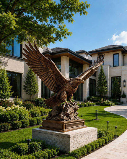 Outdoor bronze eagle sculpture placed in a modern architectural landscape