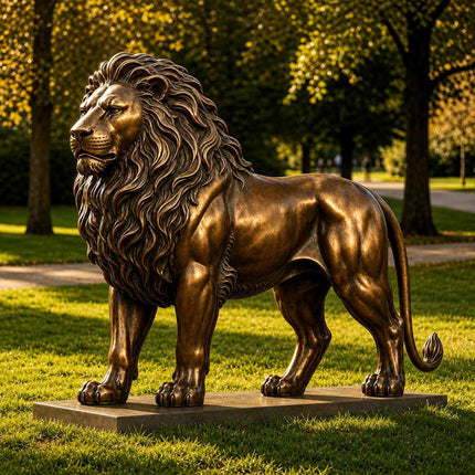 Standing bronze lion sculpture displayed in a landscaped park setting