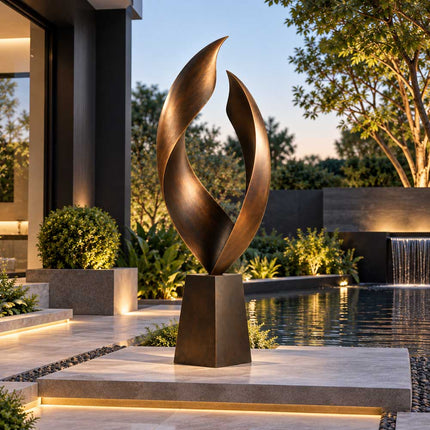 Outdoor bronze sculpture displayed beside a modern residential water feature