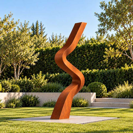 Outdoor Corten steel sculpture with double curved ribbons displayed in a landscaped garden