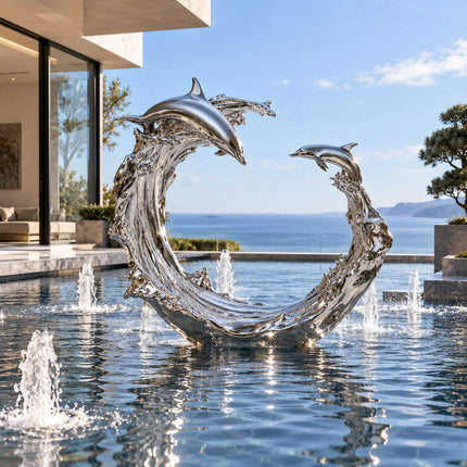 Outdoor stainless steel dolphin sculpture displayed in a contemporary water feature