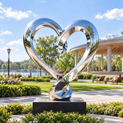 Large reflective heart sculpture displayed in a landscaped waterfront park near a pavilion.