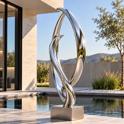 Outdoor stainless steel loop sculpture with a reflective mirror finish displayed beside a water feature in a modern private courtyard